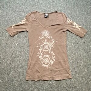 Sledge USA Graphic V Neck‎ TShirt Sz L Womens Brown Y2K Floral Ribbed Slim Fit